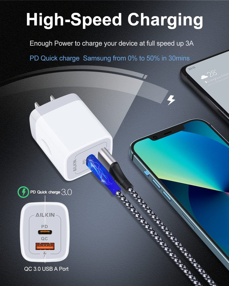 [AUSTRALIA] - 3Pack Dual Port USB-C Wall Plug-in USB Charger, AILKIN 20W Power Delivery + QC3.0 USB A Double Port Fast Charging Block for iPhone 15 14 13 12 Pro Max 14 Pro 12 Mini 11 Pro Max 14 Plus 11 SE X XS Cube White 