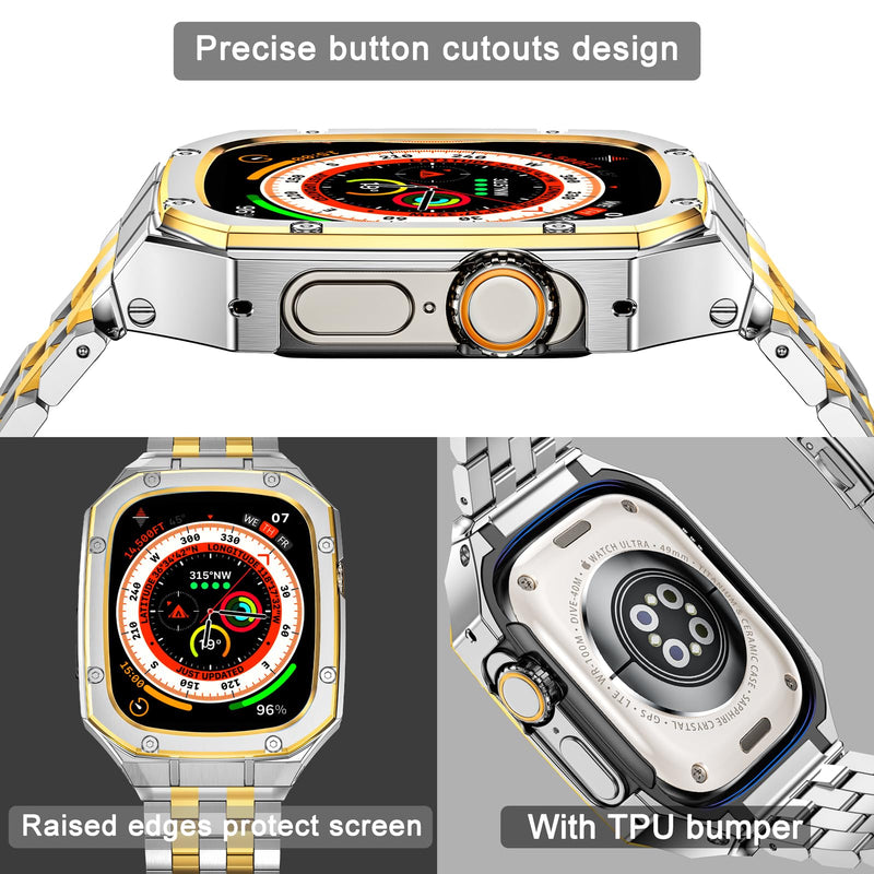 MioHHR Metal Band with Case Compatible with Apple Watch 49mm Band for Men | Rugged Metal Bumper Cover with Bands for iWatch Series Ultra 3, Ultra 2, Ultra 1, Silver/Gold Silver/Gold (Ultra) 49mm(Ultra 3/2/1)