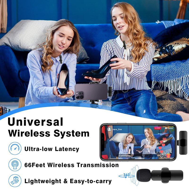 [AUSTRALIA] - Professional Wireless Lavalier Lapel Microphone for iPhone, iPad, Cordless Omnidirectional Condenser Recording Mic for Video Recording, Live Streaming, Interview Podcast Vlog YouTube Tiktok(2 Pack) Black-1 