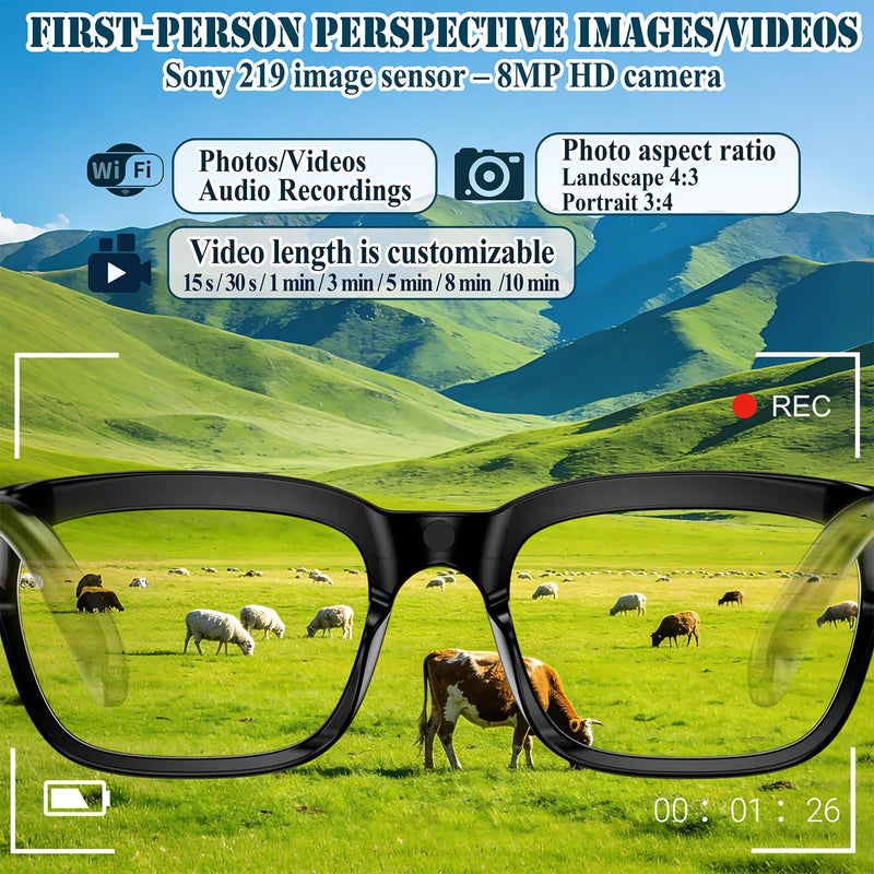 8MP Smart Glasses with Camera, Photochromic AI Glasses for Vlogging | Photochromic lenses, 30+ language translation, voice control, Hi-Fi audio, spring temples, USB-C charging Transparent