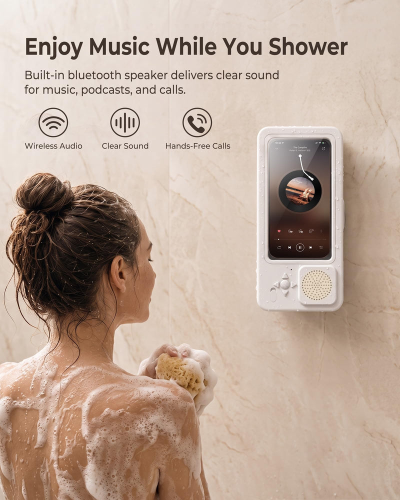 Shower Phone Holder Waterproof with Wireless Bluetooth Speaker | IP67, Anti-Fog HD Touch Screen, Bathroom Wall Mount Phone Case, 360° Rotating, Hands-Free Calls, Fits 4.7-7" Phones White