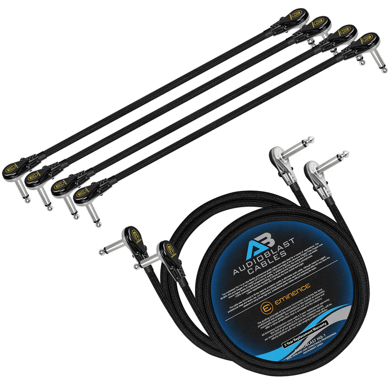 12 Inch x4 + 3 Foot x2 - Audioblast HQ-1 Braid (Black) - Flexible - Dual Shielded (100%) - Instrument Effects Pedal Patch Cable w/Low-Profile, R/A Pancake TS (6.35mm) Plugs & Dual Staggered Boots