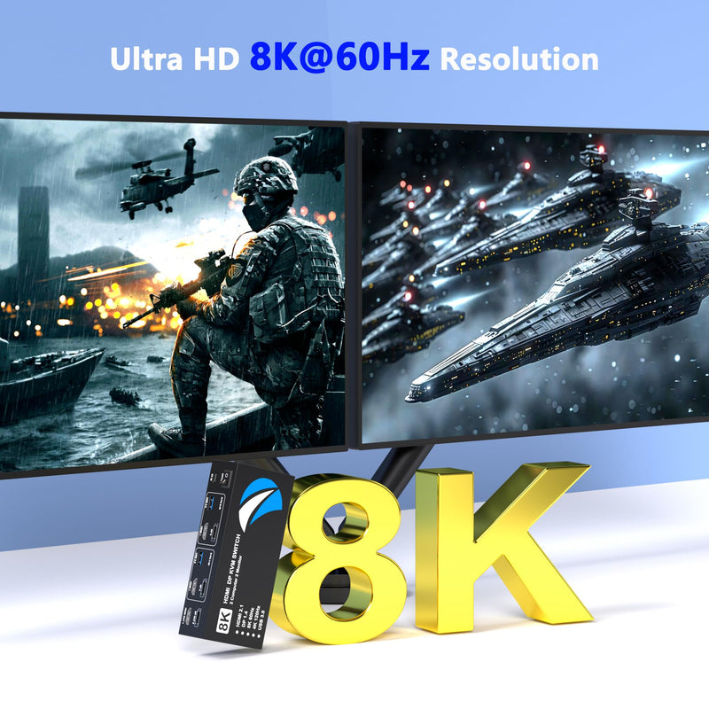8K@60Hz HDMI DisplayPort KVM Switch 2 Monitors 2 Computers, 4K@120Hz Dual Monitor KVM Switches HDMI DisplayPort for 2 Computers Share 2 Monitors and 4 USB Devices for Keybord Mouse Printer Hard Drive
