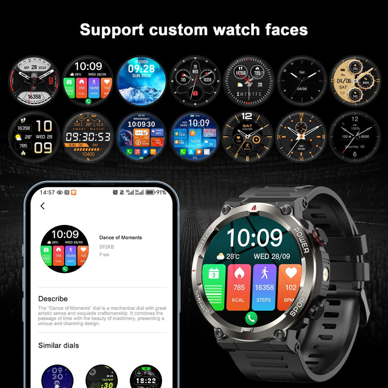 Military Tactical Smart Watches for Men, 1.45" Smart Watch for Android and iPhone, Fitness Tracker Watch with Compass & Flashlight/30-Day Battery/IP68 Waterproof/Heart Rate/120+ Sport Modes(2 Straps) Black W50pro2