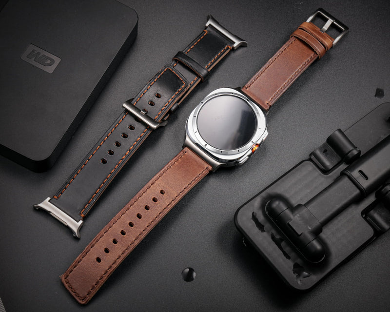 Band Compatible with Samsung Galaxy Watch Ultra 2/1 47mm (2026/2025/2024), Vintage Horween Leather Wristband Replacement Strap for Galaxy Watch Ultra Men Women Black+Natural / Silver Buckle Galaxy Watch Ultra 47mm (2026/2025/2024)