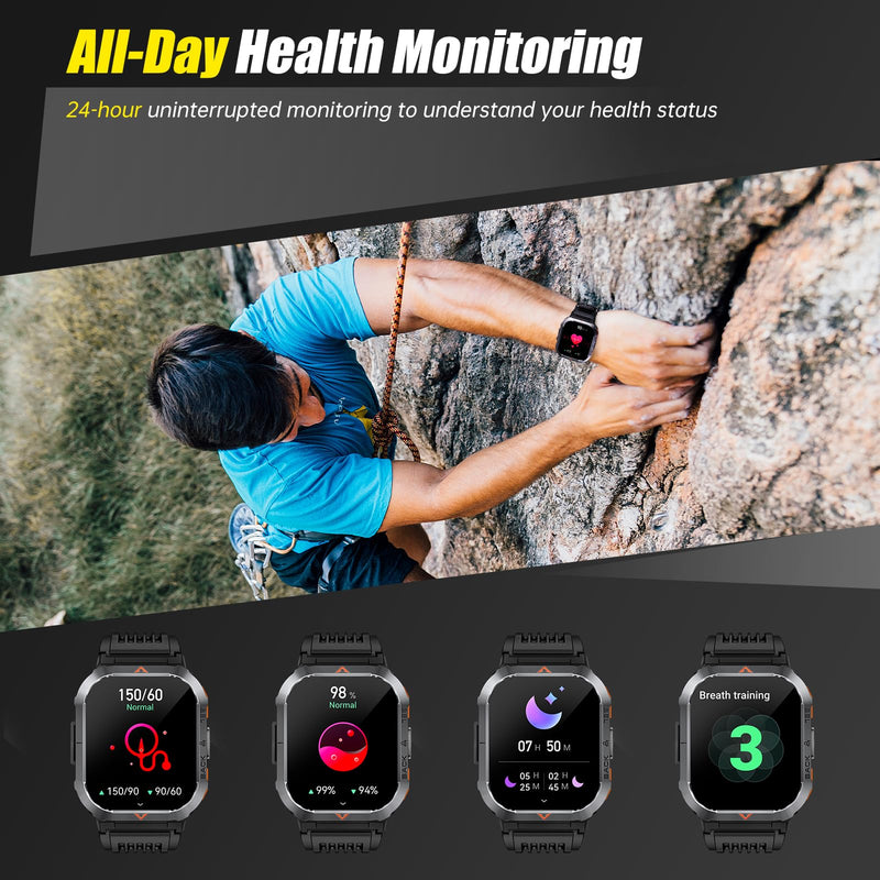 Military Smart Watches for Men Make/Answer Calls 2.02'' HD with Flashlight | Outdoor Sports Smartwatch Compass Big Battery SOS Heart Rate/Sleep Monitor 3ATM Waterproof Fitness Watch for iOS/Android