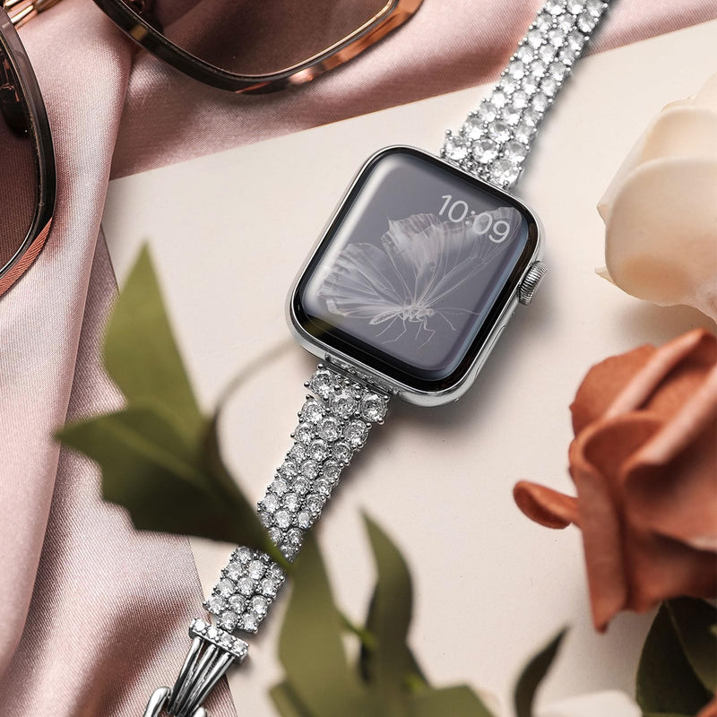Zircon Gems Bling Strap Compatible for Apple Watch Bands Women, Premium Bronze Metal Watch Bands Compatible with iWatch Series 9 8 7 6 5 4 3 2 1 SE 38mm 40mm 41mm 42mm 44mm 45mm (Diamond/Silver, 42mm(Series 10)/41mm/40mm/38mm) Diamond/Silver
