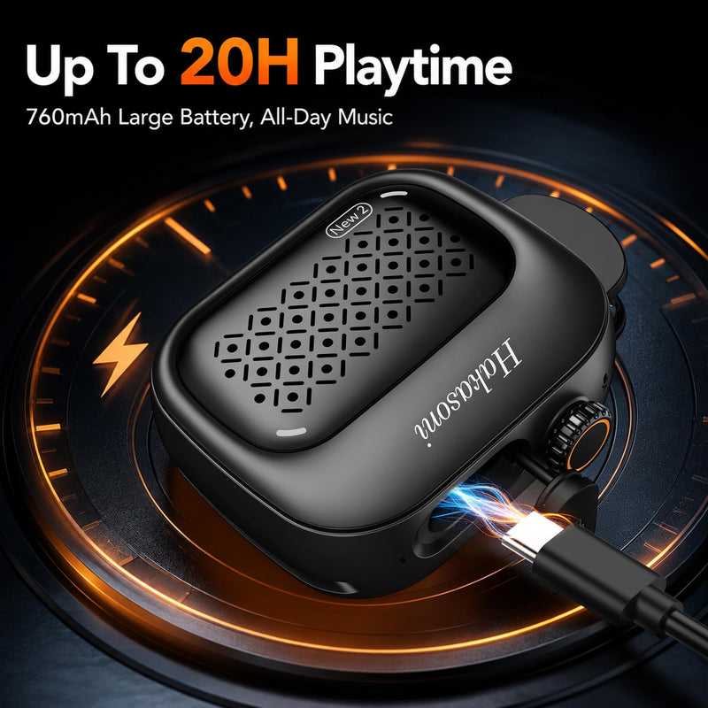 New2 Clip On Speaker, Mini Wearable Sports Speaker, Black | 3 in 1 Clip/Wrist/Neck Lanyard Portable Speaker, IP69K Waterproof, 20H Long Playtime for Shower Workout Camping Cycling