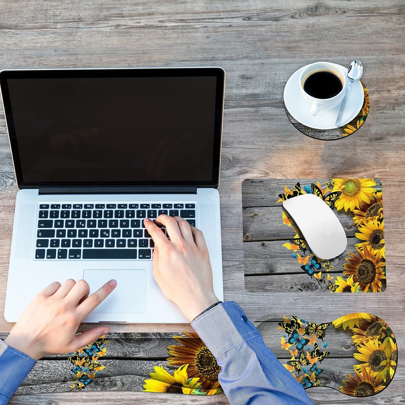 Ergonomic Keyboard Wrist Rest Pad+ Butterfly Wrist Support Cushion+ Square Mouse Pad+ Cup Coaster, Gel Memory Foam Sunflower Butterfly Desgin, 4Pcs Desktop Supply Set Combo for Home & Office