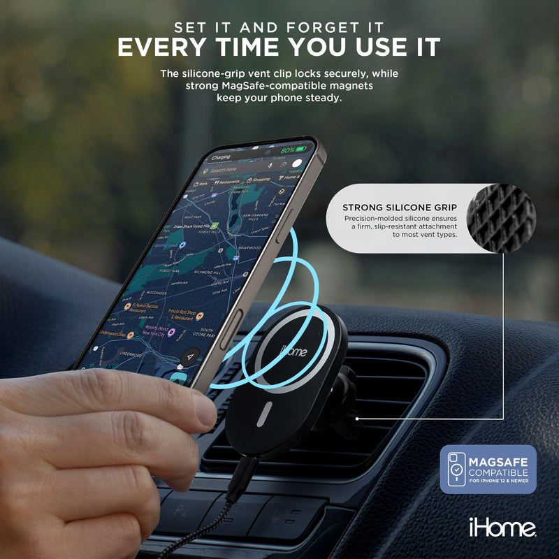 iHome 5-in-1 Complete Car Charging Kit, 15W MagSafe Charger, Dual Port Adapter, Mounts & Cable