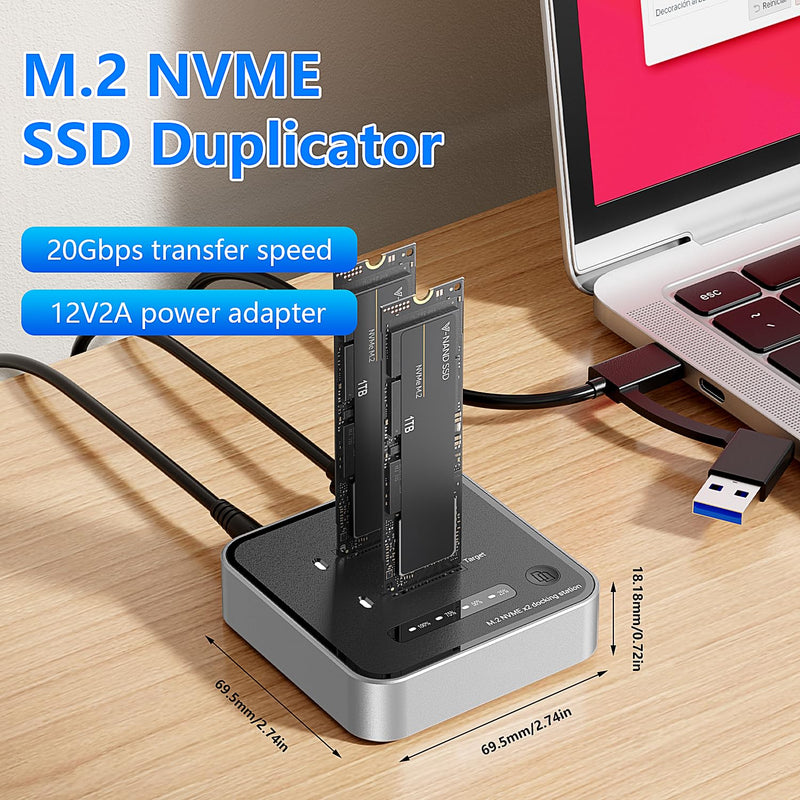 Dual-Bay M.2 NVMe SSD Enclosure, Offline Clone SSD Duplicator, 20Gbps Read/Write Expansion SSD Reader NVMe Enclosure, Tool-Free, Up to 8TB