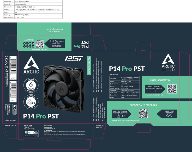 ARCTIC P14 Pro PST - Powerful Premium Fan, 140 mm PWM Fan with Y-Cable Splitter, 400-2500 RPM, 0 RPM <5% PWM, Fluid Dynamic Bearing, 4-Pin - Black