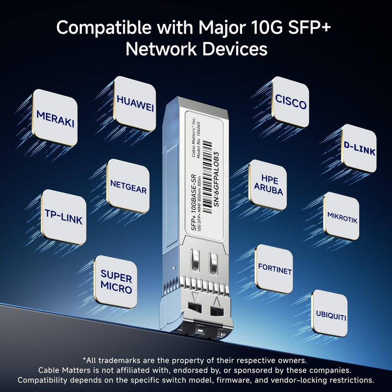 Cable Matters 2-Pack 10GBASE-SR SFP+ LC Fiber Transceiver, up to 300m | 10G Multimode Fiber, Compatible with Cisco, Ubiquiti, TP-Link, D-Link, MikroTik, Netgear, Supermicro, HPE Aruba