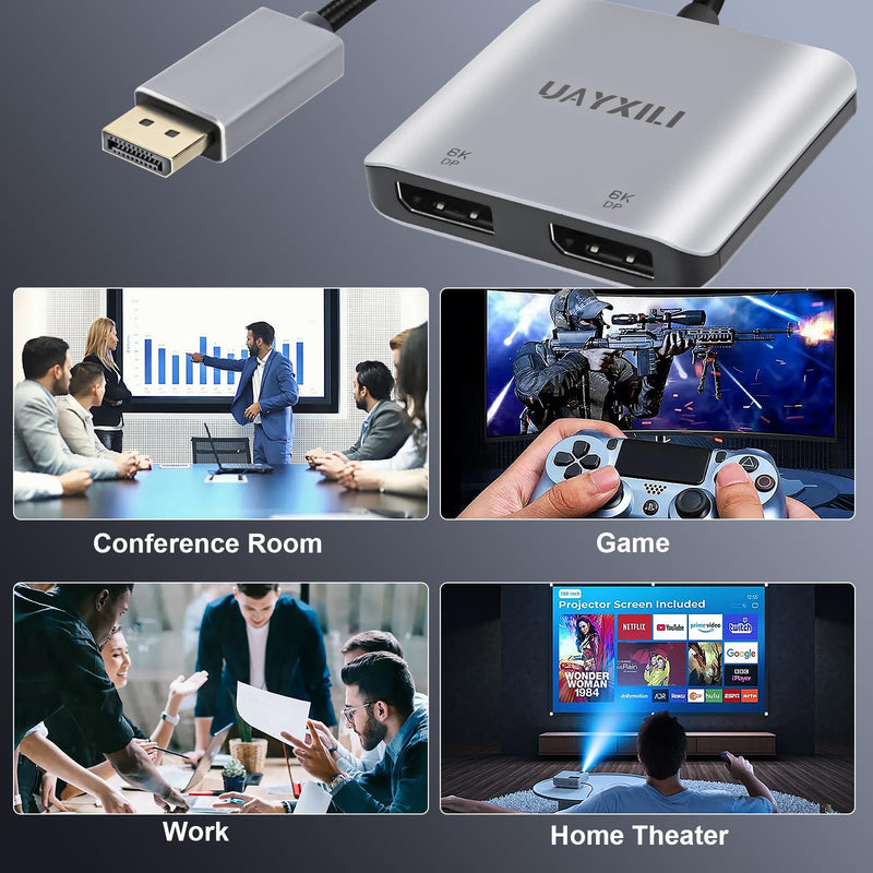 DisplayPort to Dual DP Adapter 8K@60Hz, DP Splitter 1 in 2 Out Extended Display MST for Dual Monitors, Compatible with PC, Graphic Card, NVIDIA, AMD DP to dual DP adapter 8K DP to dual DP splitter 8K