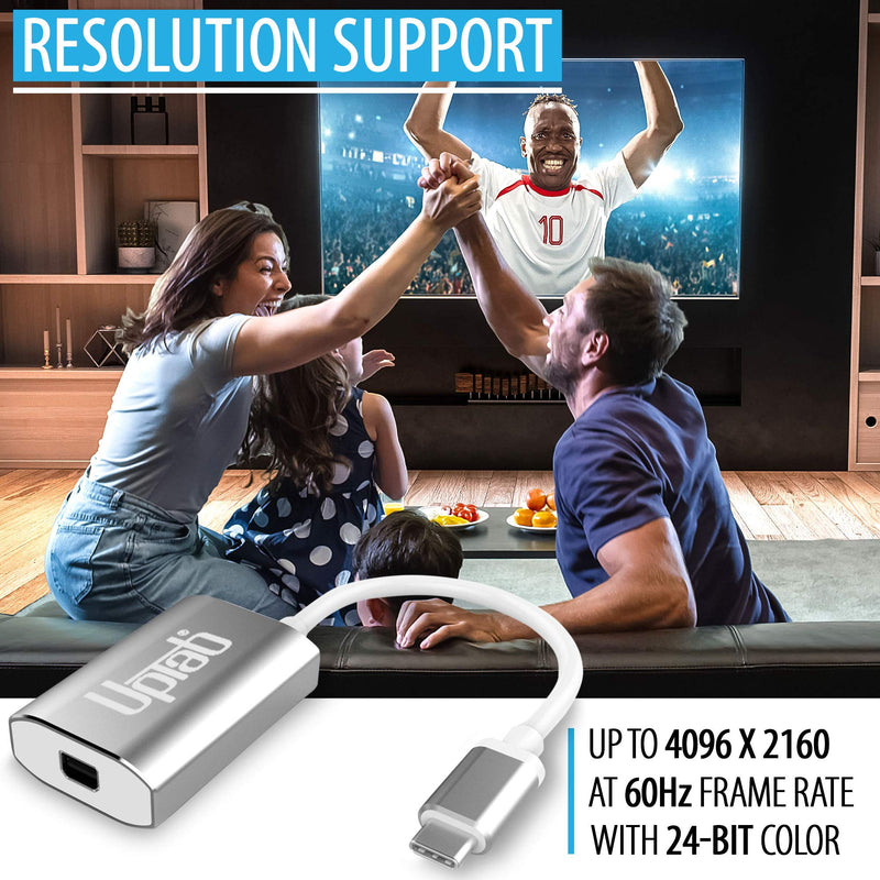 uptab USB-C to Mini DisplayPort Adapter 4K 60Hz, Power Port | Thunderbolt 3 compatible; pass-through USB-C charging; iPhone, MacBook Pro/Air M1-M5, iPad Pro, Mac mini M4, iMac Silver