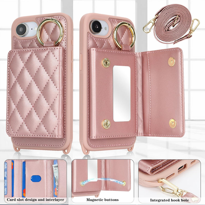 for iPhone 17e / 16e Case with Card Holder and Strap for Women,Crossbody Lanyard, Make Up Mirror,Ring Stand,Snap Clasp,Cute Phone Wallet Cases 6.1 inch - Dark Rose Gold (Pack of 2) for iPhone 17e / 16e 6.1 (Pack of 2)