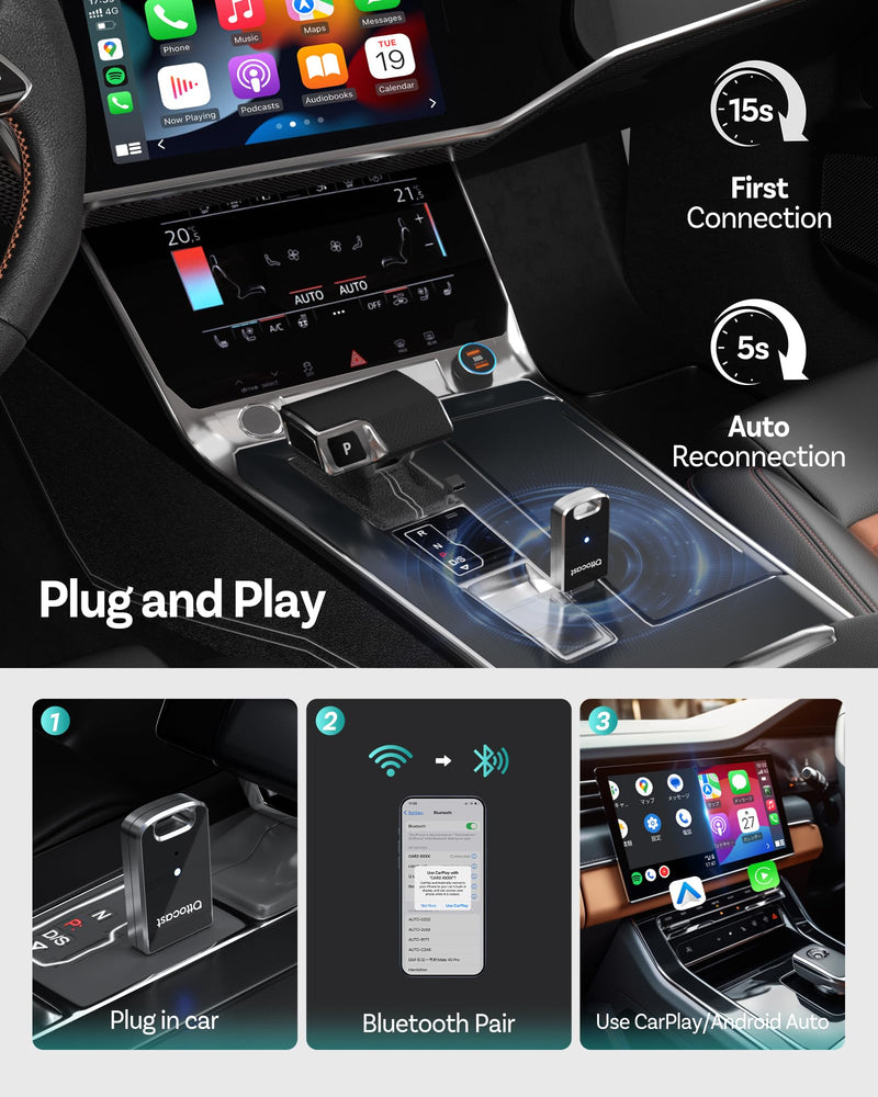 OTTOCAST Mini Edge 2-in-1 Wireless CarPlay & Android Auto Adapter 2026 | Aluminum Body,GPS Passthrough,Auto Reconnect,Plug & Play,iPhone & Android,Seamless Calls,Music & Navigation,Factory Controls