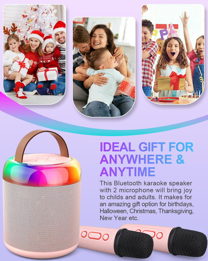 Mini Party Karaoke Machine Toy for Kids Audlts, Portable Led Karaoke Toy Speaker with 2 Wireless Microphones for Girls Boys Birthday, Holiday Stocking Stuffer Party Favors Supplies PINK
