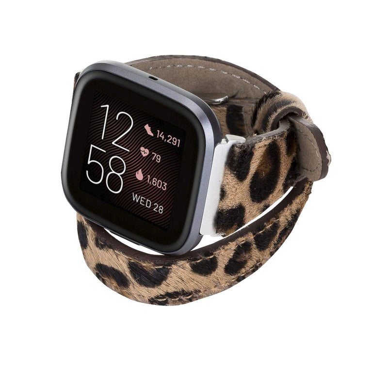 Venito Serena Leather Double-Wrap Slim Watch Band Compatible with Fitbit Versa/Versa 2 / Versa Lite Furry Leopard Silver Connector & Clasp