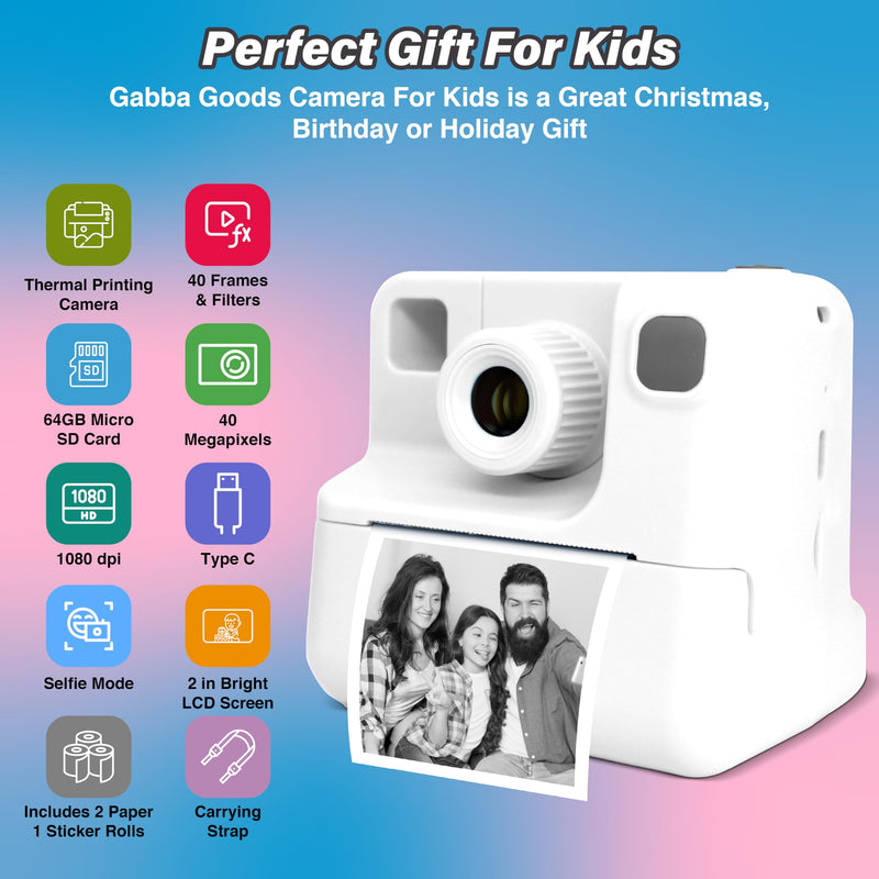 GabbaGoods Instant Print Kids Camera For 3 4 5 6 7 8 9 Year Old Kids With 32GB SD Card, Instant Thermal Print Feature Best For Gift On Christmas/Birthday/Holiday | Toddler Camera | Kids Digital Camera White