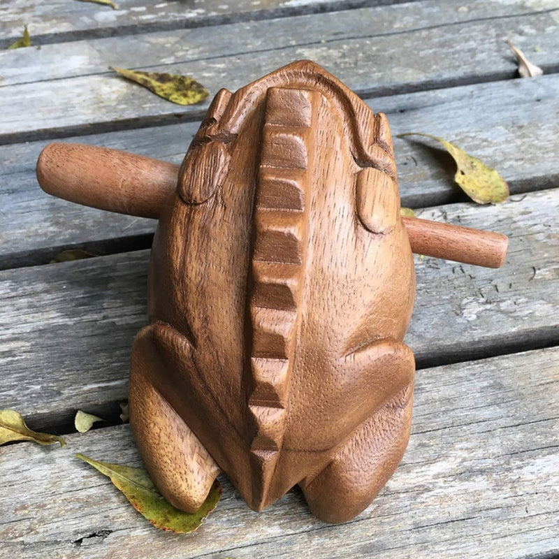 Extra Large 9" Wood Frog Guiro Rasp Percussion Instrument Tone Block Wooden Good Luck Frog Animal Shaped Figurine Handcraft Musical Instruments from Thailand Home Office Decoration (Tan) Tan