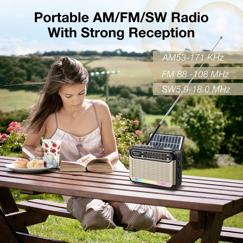 [AUSTRALIA] - G Keni Portable Solar Radio AM FM SW with Rechargeable Battery Operated, Shortwave Bluetooth Radio Strong Reception, USB/TF Card Input, Solar Panel, Big Speaker with Ambient Light (Golden&Black) Golden&Black 