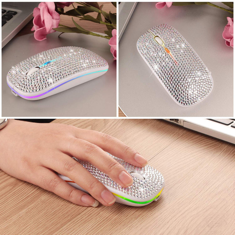 Attoe Bluetooth Mouse,Bling Dazzling 2.4GHz Rechargeable Wireless Mouse Slim Mouse with USB Receiver,Compatible with Notebook,PC,Laptop,Computer,MacBook,Great Gift idea for Her (White) White