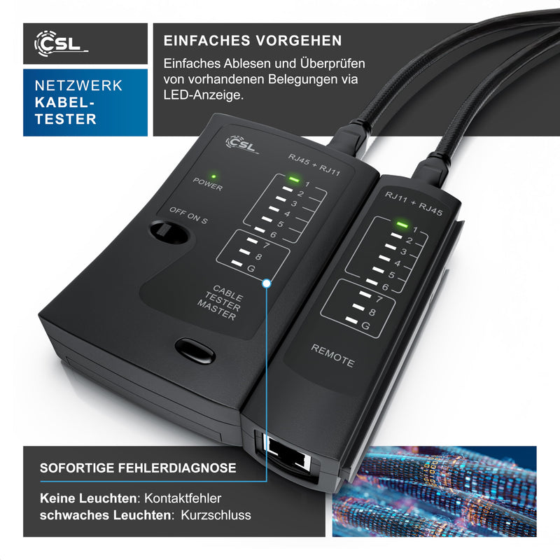 CSL - Network Tester - Network Cable Tester - for RJ45 and RJ11/12 (25)/14 Cable - Patch Cable Tester - LAN Network Cable Tester - 2 Speeds - Test LEDs for Precise Testing