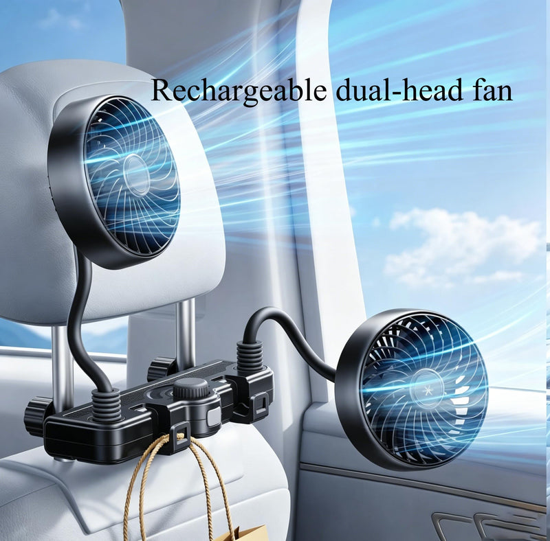 3000mAh Rechargeable Car Seat Fan, Dual Head 360° Flexible Headrest Fan for Car Backseat, Quiet USB Vehicle Cooling Fan with Storage Hooks for Rear Facing, Pets, SUV
