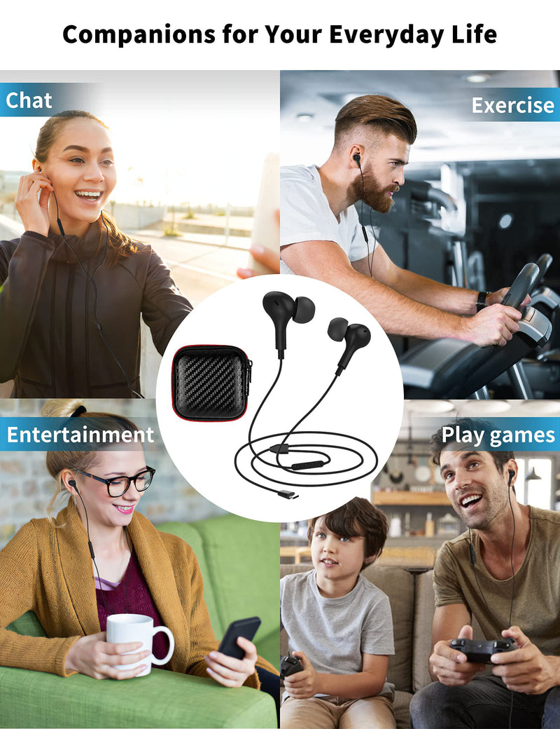 USB C Headphone for Samsung S23 FE S22 S21 S20 A53 A54 Wired Earbuds Magnetic in-Ear Type C Earphone with Microphone Volume Control Bass Stereo Noise Canceling Black