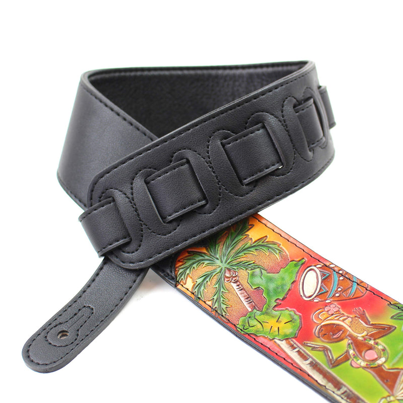 [AUSTRALIA] - Walker & Williams CVG-HWI Hand Carved Black Leather Guitar Strap With Bright Sunset Island Dancer Scene For Acoustic, Electric, And Bass Guitars 