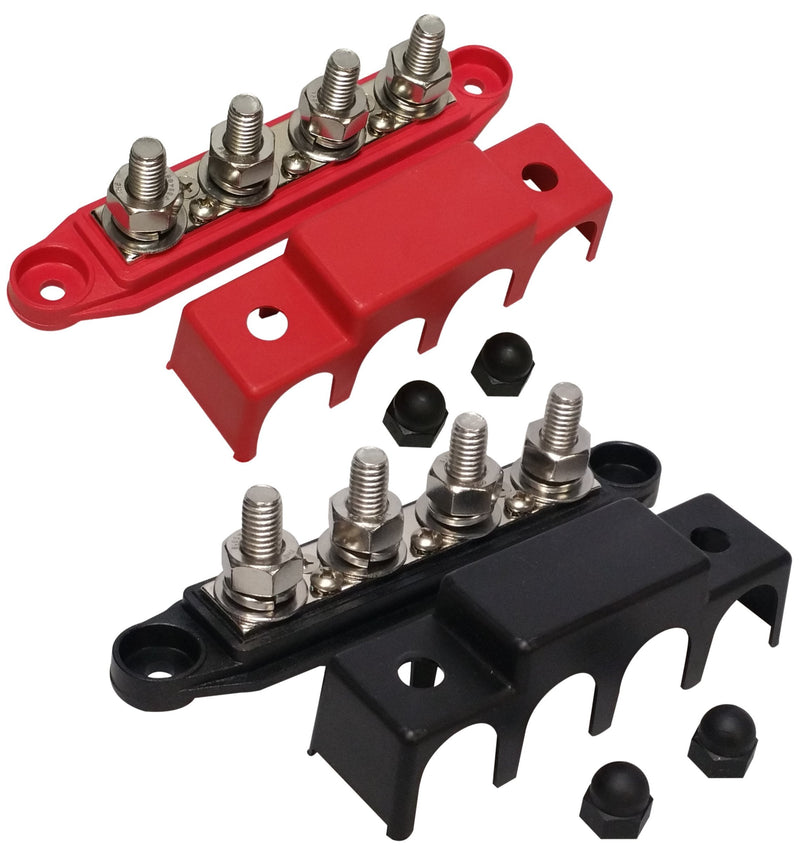 (Red & Black) 3/8" 4 Stud Bus BAR Power Distribution Block - Made in The USA - for Marine Battery Terminals, 12v Power and Ground Distribution Blocks - Terminal Block for Battery Terminals - BusBar Red & Black 3/8" - Pair