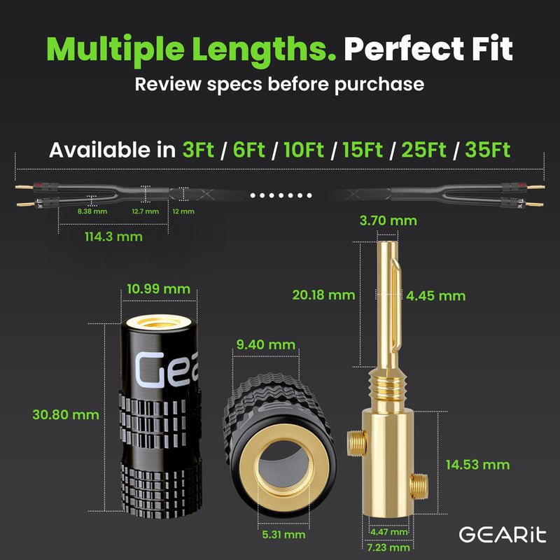 GearIT 10AWG Speaker Cable Wire with Gold-Plated Banana Tip Plugs (3 Feet) in-Wall CL2 Rated, Heavy Duty Braided, 99.9% Oxygen-Free Copper (OFC) - Black 3 Feet