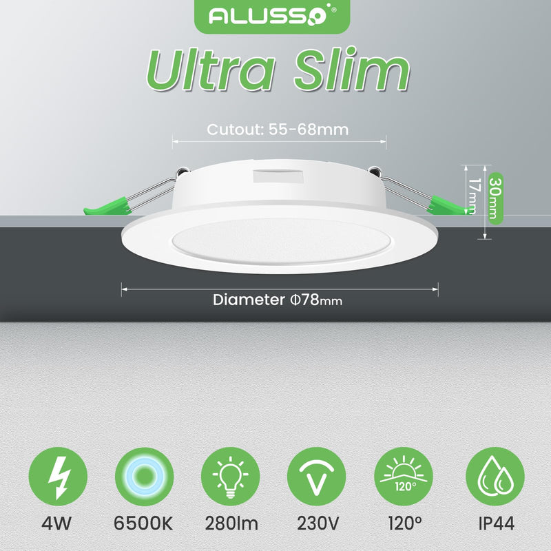 [AUSTRALIA] - ALUSSO LED Recessed Spotlight, 230 V, Flat IP44, 4 W LED Spotlights, 280 LM, Cool White 6500 K Recessed Lights, 30 mm Ultra Flat, Recessed Spot Hole 55-68 mm, Ceiling Spotlights for Bathroom, Kitchen Cool White 6500k, Set of 6 