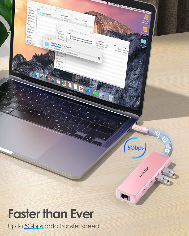 LENTION USB C Hub with Gigabit Ethernet Adapter, 4K HDMI, 3 USB 3.0 Dongle for 2022-2016 MacBook Pro 13/14/15/16, New Mac Air & Surface, Chromebook, More, Stable Driver Certified (CB-C25, Rose Gold)