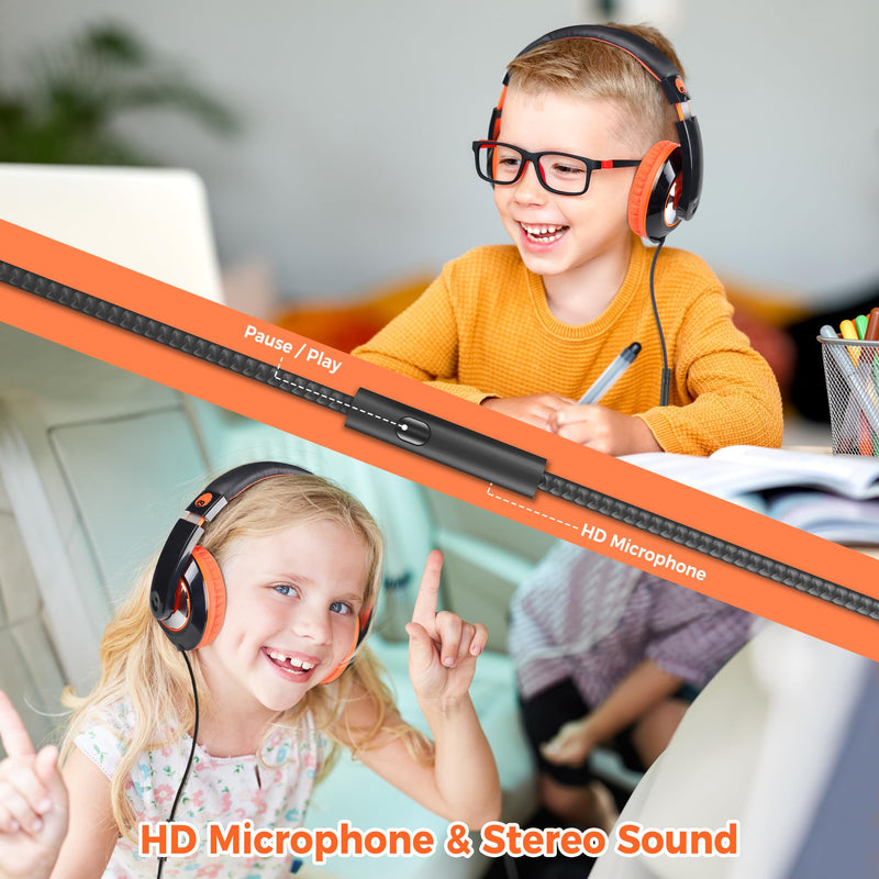 rockpapa 2Pcs Wired Kids Headphones with Microphone & 3.5mm Cord for School | Lightweight Corded Foldable Childs Boys Girls Youth Head phones for Airplane Classroom Tablets Phones Laptop PC Blue+Orange Blue/Black/Orange/Black