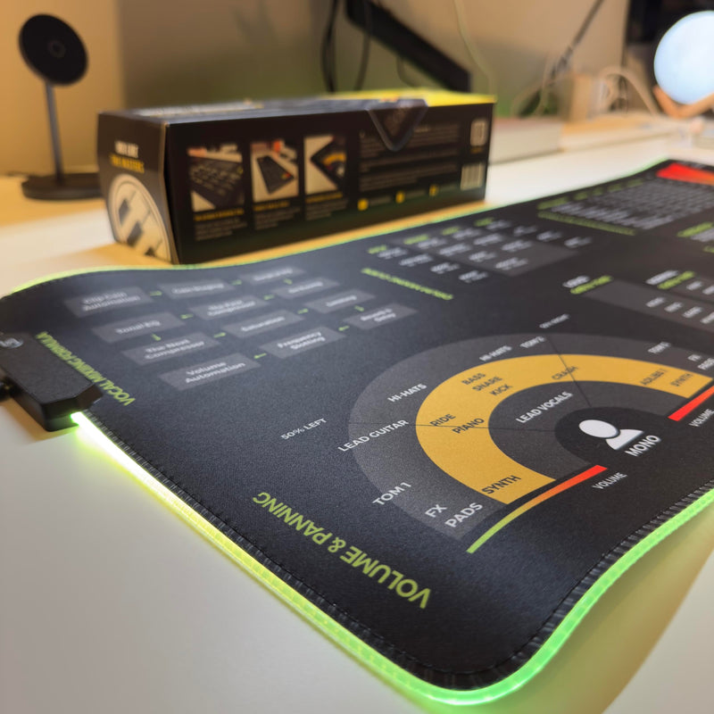 Mixing & Mastering Cheat Sheet Mousepad – 35×25cm (13.8"x9.8") & 80×30cm (31.5"x11.8") – Studio Desk Mat for Music Producers, DJs & Engineers – LED Version Available XXL with LED (800x300mm)
