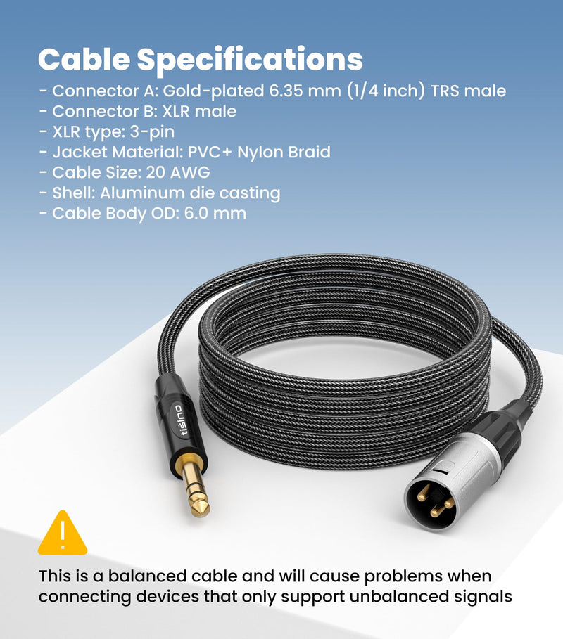 Tisino 1/4" to XLR Cable, 6.35mm TRS to XLR Male Nylon Braid Quarter inch TRS to XLR Male Balanced Interconnect Microphone Cord Patch Cable - 10ft 10 feet