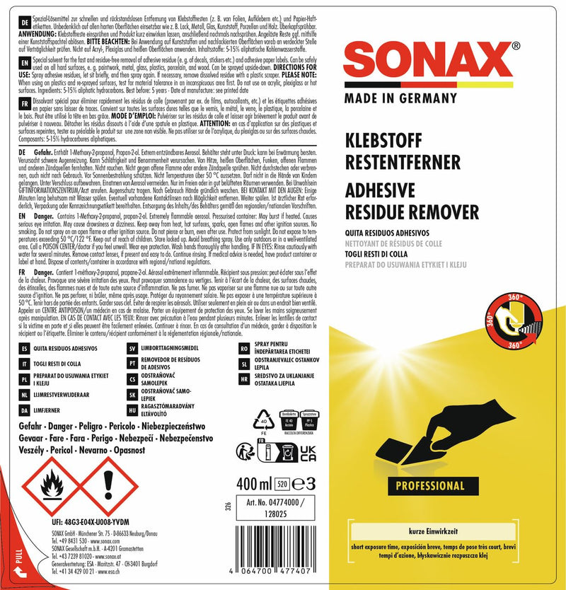 [AUSTRALIA] - SONAX Adhesive residue remover (400 ml) for quick and residue-free removal of adhesive residue and paper adhesive labels, item no. 04774000 400 ml 