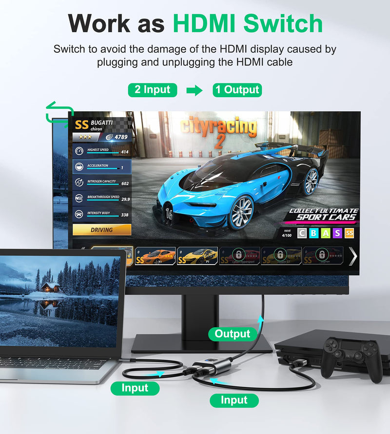 HDMI Switch 4k HDMI Splitter-GANA Aluminum Bidirectional HDMI Switcher,HDMI Switch Splitter 2 in 1 Out, Manual HDMI Hub Supports HD 4K@60hz for Blu-Ray-Player Fire Stick Xbox(Only ONE monitor)