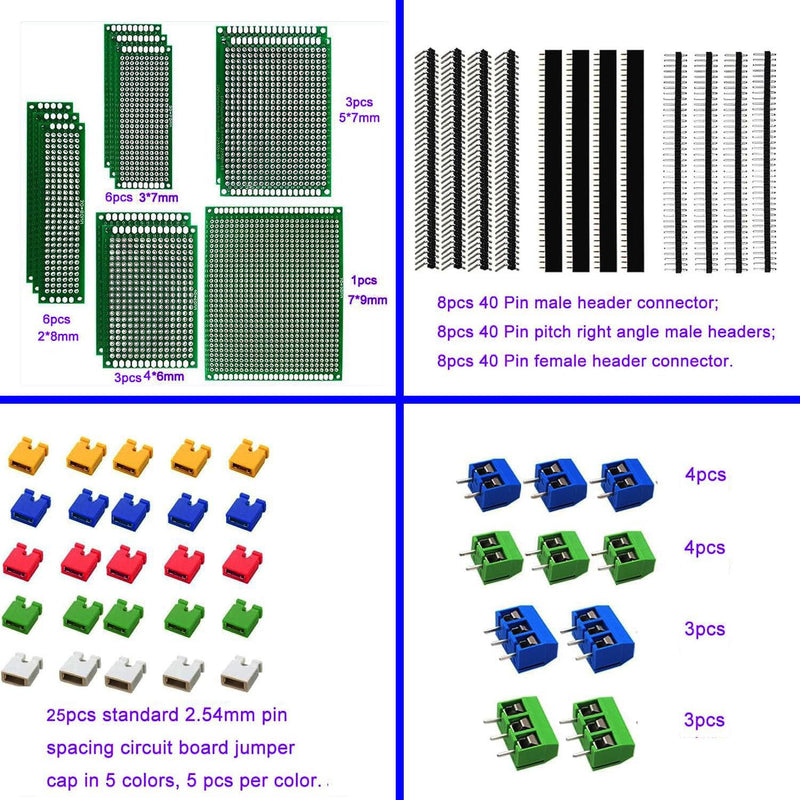 RUNCCI-YUN 82 Pieces PCB Board Kits Hole Grid Board Kit Double-Sided PCB Board PCB Board Prototype Double-Sided Circuit Boards for DIY Soldering, Compatible with Arduino Kit 19+24+25+14