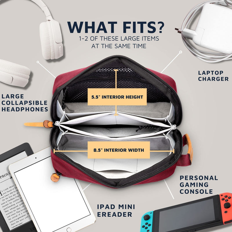 Tech Bag Organizer - Small Electronics Organizer Pouch for Travel - Premium Travel Case with Leather Accents - Mesh Pocket for Cables, Cords and Chargers (Red) Red