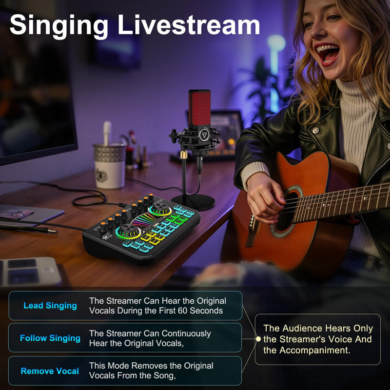 [AUSTRALIA] - Audio Mixer, Sound Board for Pc/Phone Live Streaming Gaming, Audio Interface for 3.5mm/6.35mm Dynamic Microphone, Live Sound Card with Voice Changer, Denoise, Lead Singing Podcast Mixer 