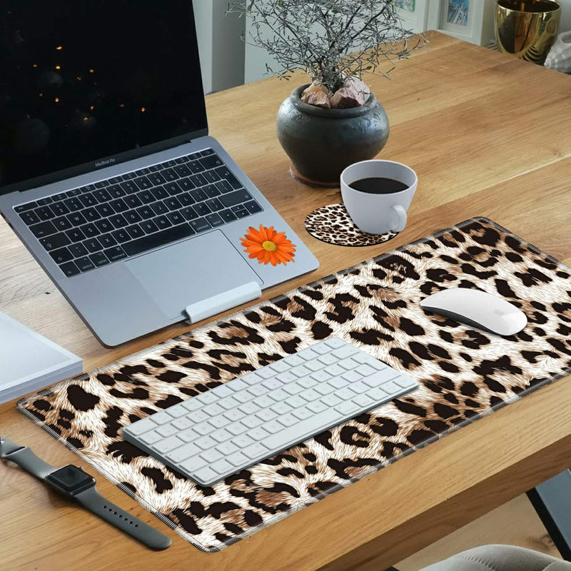Desk Mat Gaming Mouse pad for Laptop, Leopard Fur Customized Design Printed Desk pad, Home Office Accessories, with Sunflower Coasters and Cute Stickers