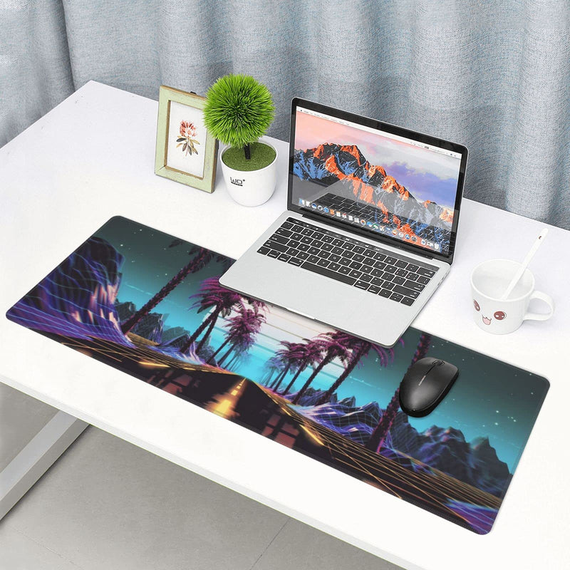 Retrowave Synthwave Large Gaming Mouse Pad XL Desk Mat Long Extended Mousepad Nonslip Rubber Base Stitched Edges Office Desktop Decor Mice Pads 31.5'' X 11.8''