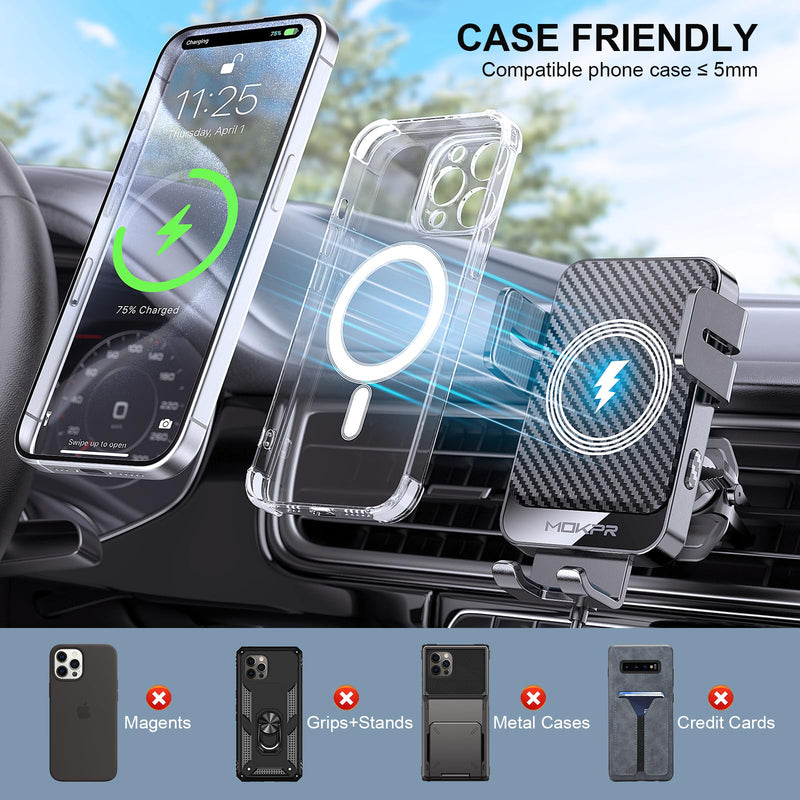 Wireless Car Charger 15W Fast Charging Auto-Clamping Air Vent Phone Mount | Cell Phone Holder Car Charger Compatible with iPhone 17 16 15/14/13/13 Pro/12 pro/12, for Samsung Galaxy Series Black