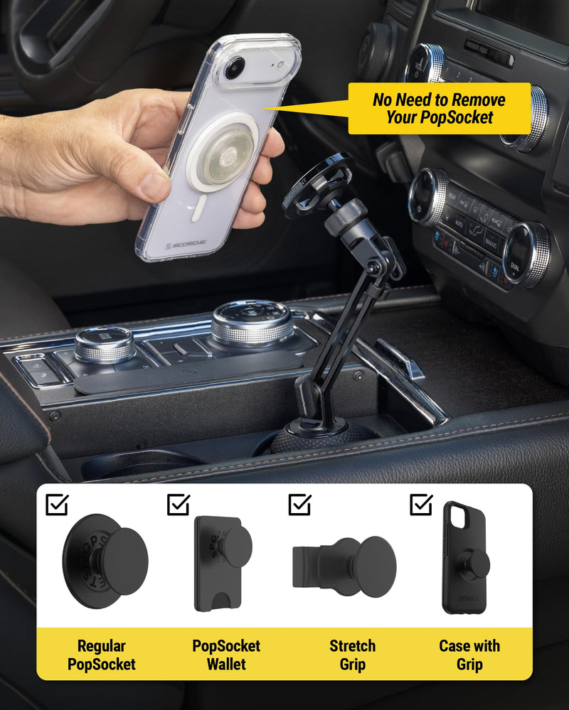 Scosche MagicMount Cup Holder Phone Mount with MagSafe, Adjustable Magnetic Car Mount with Stable Base and Flexible Arm, Compatible with PopSockets, iPhone 17 16 15 14 13, Includes MagSafe Ring 1 Pack