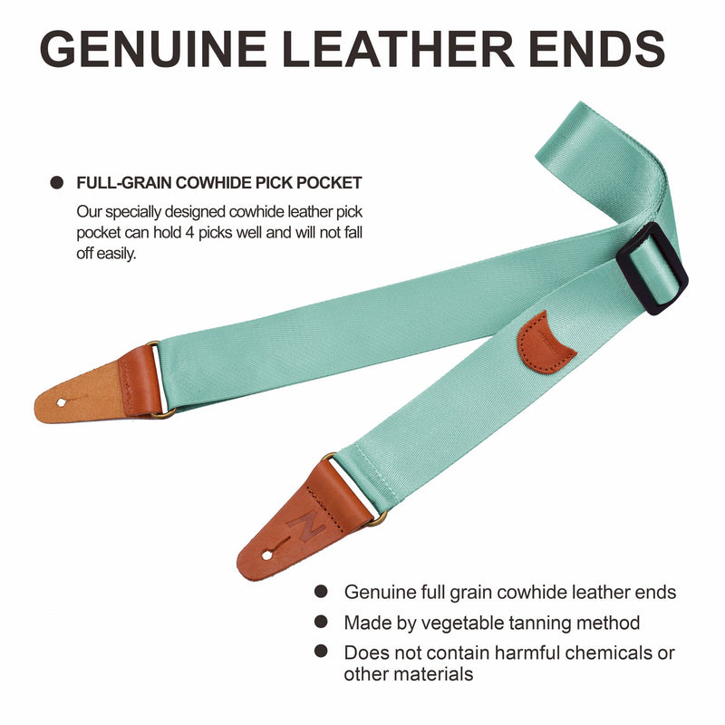 Nefelibata Guitar Strap with Pick Pocket, Vintage Nylon Full Grain Leather Ends Guitar Straps for Bass, Electric & Acoustic Guitar, Come with Free Strap Button, 1 Pair Strap Locks and 4 Guitar Picks Single Leather Ends O# - Light Green