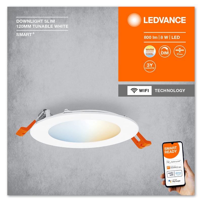 [AUSTRALIA] - LEDVANCE LED Spotlight Integrated Slim Diameter 12 cm Round Recessed Ceiling Spot for Indoor Use Dimmable 8 W Colour Temperature 3000 - 6500 K 550 Lumen Flat Design Includes Clamping Device White 3000-6500k 120mm 8w 