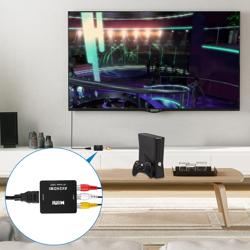 RCA to HDMI Converter, 1080P Mini RCA Composite CVBS Video Audio Supporting PAL/NTSC for TV/PC/ PS3/ STB/Xbox VHS/VCR/Blue-Ray DVD Players (RCA Adapter+HDMI Cable) 2 in 1